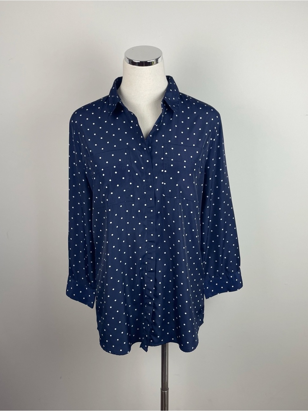Liz Claiborne Navy Blue White Polka Dot Button Down Shirt Top Women Medium